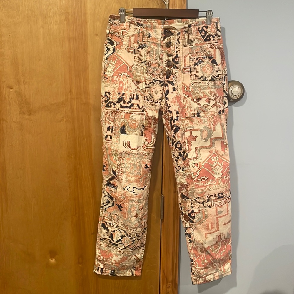 Anthropologie The Wanderer Pink Aztec Print Cargo Utility Pants Size 28